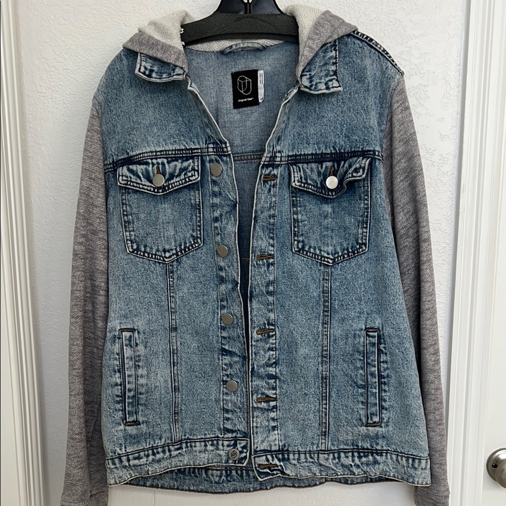 Original Use Denim Jacket with Black Label, Gray Hoodie and sleeves